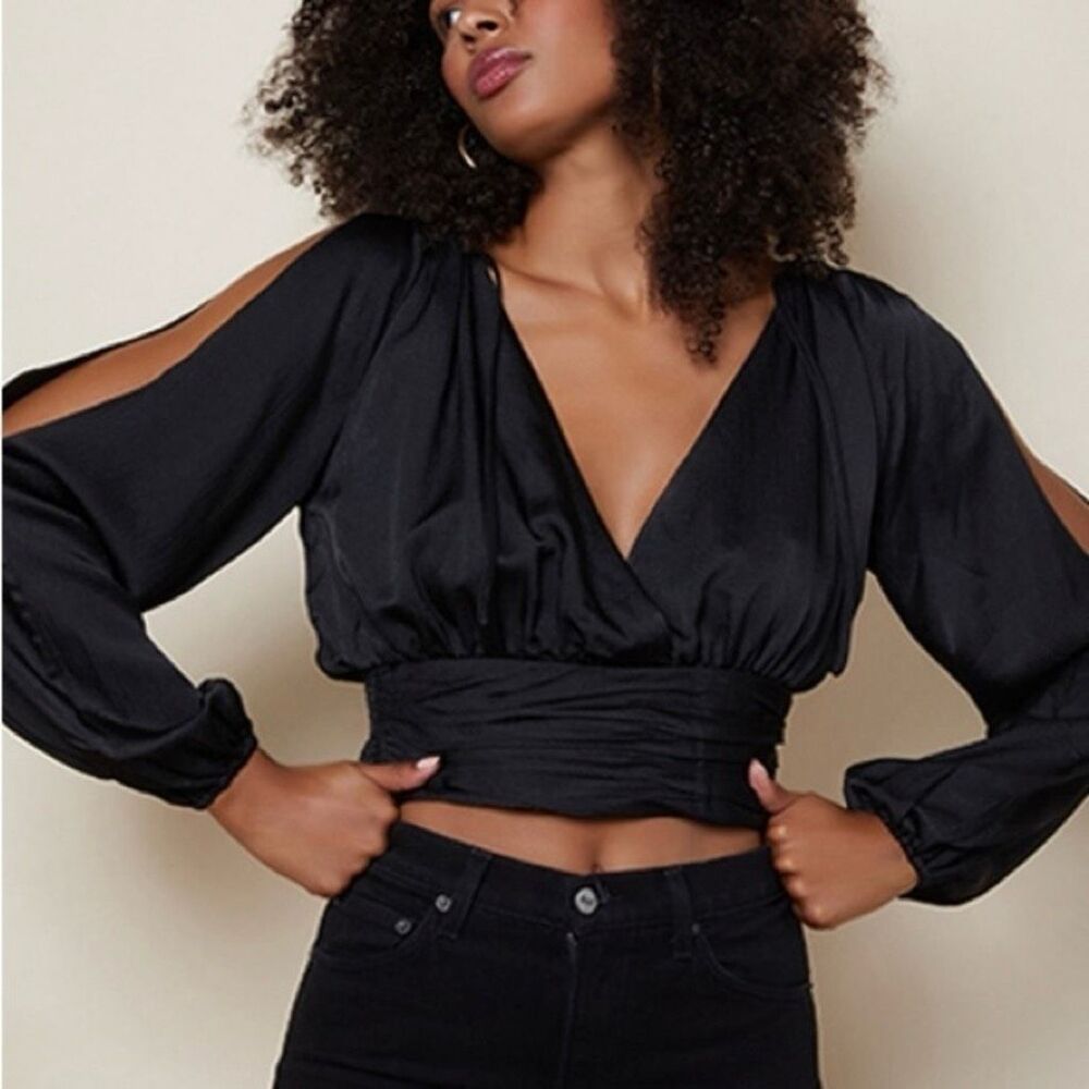 Anthropologie Hutch Jude Cold Shoulder‎ satin top blouse Size S black